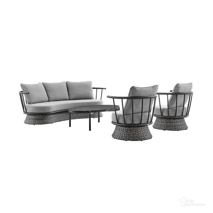 The appearance of Monk 4-Piece Outdoor Patio Furniture Set In Black Aluminum and Gray Wicker with Gray Cushions designed by Armen Living in the modern / contemporary interior design. This dark gray piece of furniture  was selected by 1StopBedrooms from Monk Collection to add a touch of cosiness and style into your home. Sku: 840254336339;840254336346;840254336353;840254336360. Material: Aluminum. Product Type: Outdoor Set. Image1