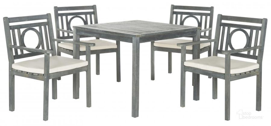 The appearance of Montclair 5 Pc Dining Set designed by Safavieh in the modern / contemporary interior design. This grey and beige piece of furniture  was selected by 1StopBedrooms from Montclair Collection to add a touch of cosiness and style into your home. Sku: PAT6721B. Table Base Style: Legs. Table Top Shape: Square. Material: Steel. Product Type: Outdoor Dining Set. Image1