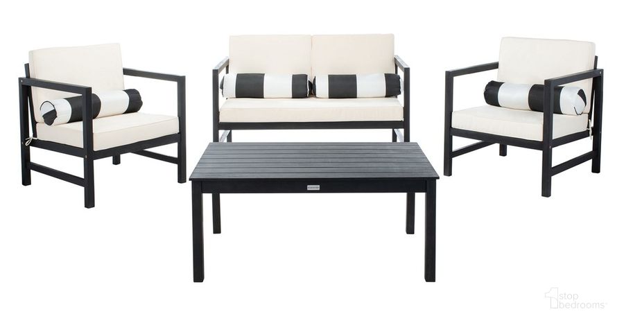 The appearance of Montez 4 Pc Outdoor Set with Accent Pillows in Beige PAT7030G designed by Safavieh in the modern / contemporary interior design. This black and beige piece of furniture  was selected by 1StopBedrooms from Montez Collection to add a touch of cosiness and style into your home. Sku: PAT7030G. Material: Wood. Product Type: Outdoor Set. Image1