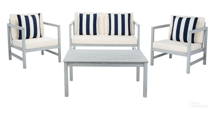 The appearance of Montez 4 Pc Outdoor Set with Accent Pillows in Beige PAT7030H designed by Safavieh in the modern / contemporary interior design. This beige and blue piece of furniture  was selected by 1StopBedrooms from Montez Collection to add a touch of cosiness and style into your home. Sku: PAT7030H. Material: Wood. Product Type: Outdoor Set. Image1