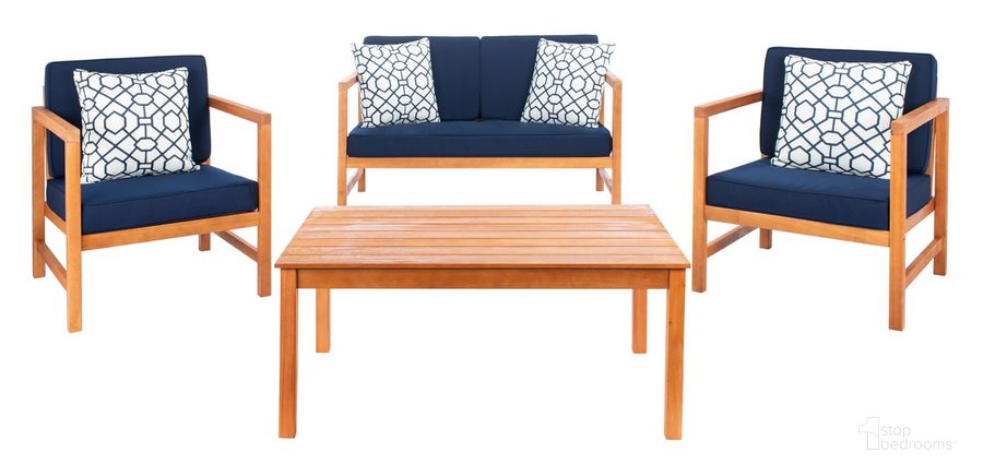 The appearance of Montez 4 Pc Outdoor Set with Accent Pillows in Navy designed by Safavieh in the modern / contemporary interior design. This navy piece of furniture  was selected by 1StopBedrooms from Montez Collection to add a touch of cosiness and style into your home. Sku: PAT7030K. Material: Wood. Product Type: Outdoor Set. Image1