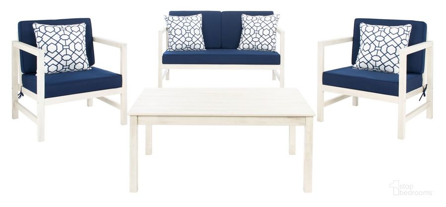 The appearance of Montez 4 Pc Outdoor Set with Accent Pillows in White and Navy designed by Safavieh in the modern / contemporary interior design. This white and navy piece of furniture  was selected by 1StopBedrooms from Montez Collection to add a touch of cosiness and style into your home. Sku: PAT7030J. Material: Wood. Product Type: Outdoor Set. Image1
