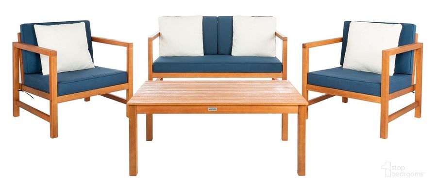 The appearance of Montez Natural/Navy 4 Piece Outdoor Set With Accent Pillows designed by Safavieh in the modern / contemporary interior design. This navy piece of furniture  was selected by 1StopBedrooms from Montez Collection to add a touch of cosiness and style into your home. Sku: PAT7030E. Material: Steel. Product Type: Outdoor Conversation Set. Image1