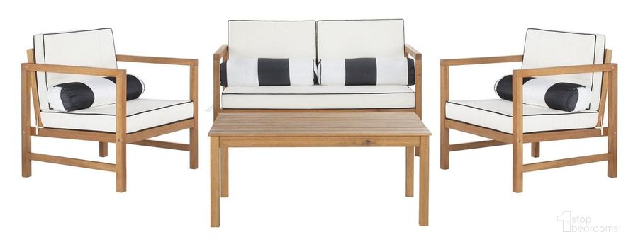 The appearance of Montez Teak, Black and White 4-Piece Outdoor Set with Accent Pillows designed by Safavieh in the modern / contemporary interior design. This black and white piece of furniture  was selected by 1StopBedrooms from Montez Collection to add a touch of cosiness and style into your home. Sku: PAT7030C. Material: Steel. Product Type: Outdoor Conversation Set. Image1
