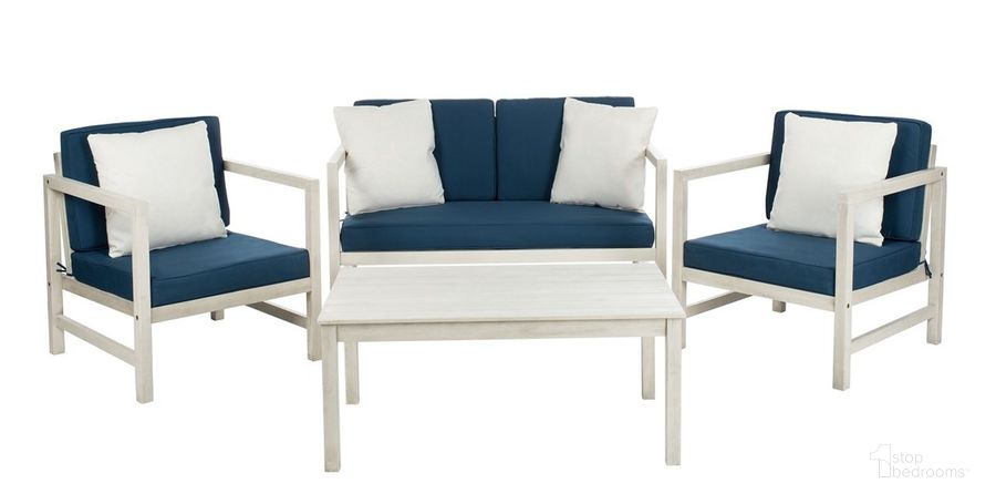 The appearance of Montez White/Navy 4 Piece Outdoor Set With Accent Pillows designed by Safavieh in the modern / contemporary interior design. This white and navy piece of furniture  was selected by 1StopBedrooms from Montez Collection to add a touch of cosiness and style into your home. Sku: PAT7030D. Material: Steel. Product Type: Outdoor Conversation Set. Image1