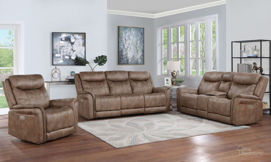 The appearance of Morrison Camel Power Reclining Living Room Set with Power Headrest and Footrest designed by Steve Silver in the traditional interior design. This brown piece of furniture  was selected by 1StopBedrooms from Morrison Collection to add a touch of cosiness and style into your home. Sku: MOR950SC;MOR950CLC. Material: Polyester. Product Type: Living Room Set. Image1