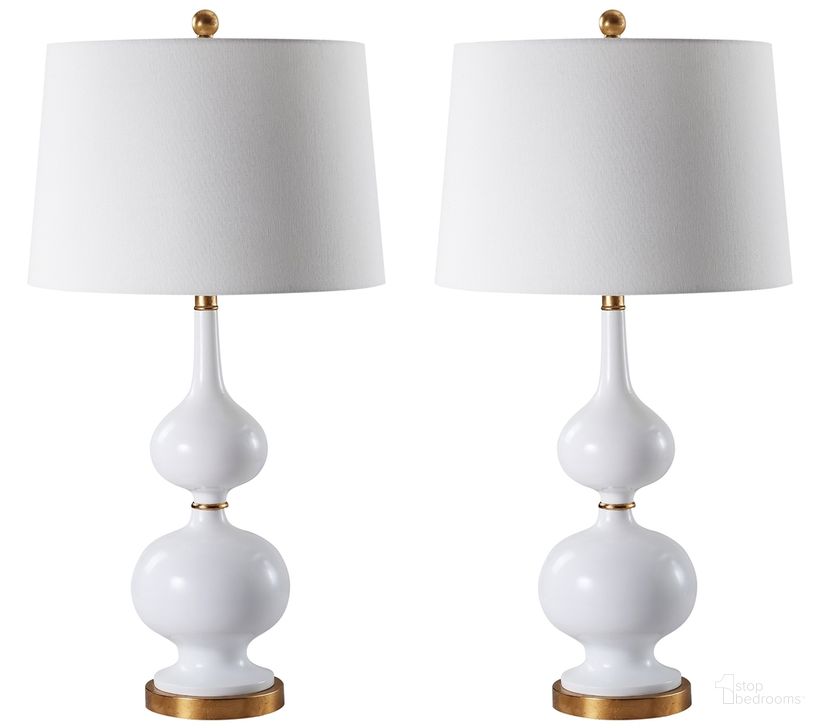 The appearance of Myla White/Gold Leaf Table Lamp Set of 2 designed by Safavieh in the modern / contemporary interior design. This white piece of furniture  was selected by 1StopBedrooms from Safavieh TBL Collection to add a touch of cosiness and style into your home. Sku: TBL4119A-SET2. Product Type: Table Lamp. Image1