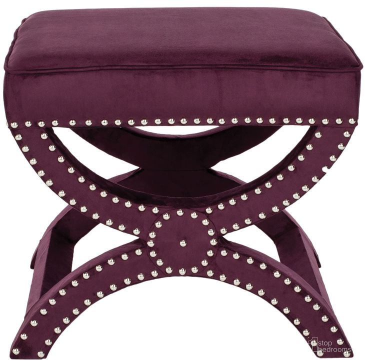 The appearance of Mystic Plum Ottoman with Silver Nailhead Detail designed by Safavieh in the modern / contemporary interior design. This plum piece of furniture  was selected by 1StopBedrooms from Mystic Collection to add a touch of cosiness and style into your home. Sku: MCR4645F. Product Type: Ottoman. Material: Stainless Steel. Image1