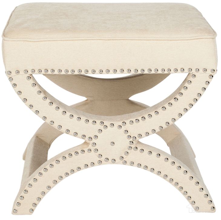 The appearance of Mystic Taupe Ottoman with Silver Nailhead Detail MCR4645A designed by Safavieh in the modern / contemporary interior design. This cream piece of furniture  was selected by 1StopBedrooms from Mystic Collection to add a touch of cosiness and style into your home. Sku: MCR4645A. Product Type: Ottoman. Material: Stainless Steel. Image1