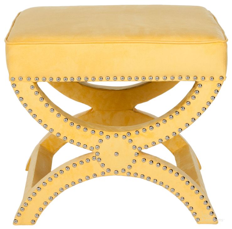 The appearance of Mystic Yellow Ottoman with Silver Nailhead Detail designed by Safavieh in the modern / contemporary interior design. This yellow piece of furniture  was selected by 1StopBedrooms from Mystic Collection to add a touch of cosiness and style into your home. Sku: MCR4645C. Product Type: Ottoman. Material: Stainless Steel. Image1