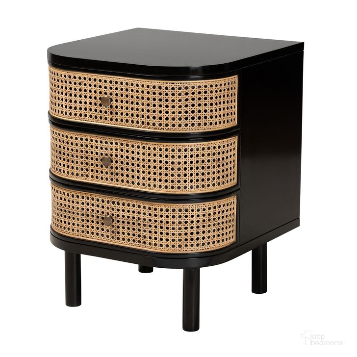 The appearance of Nabila Bayur Wood and Natural Rattan 3 Drawer End Table Nightstand In Black and Brown designed by Baxton Studio in the bohemian interior design. This black/brown piece of furniture  was selected by 1StopBedrooms from Nabila Collection to add a touch of cosiness and style into your home. Sku: CMO4-End Table. Product Type: Nightstand. Material: MDF. Image1