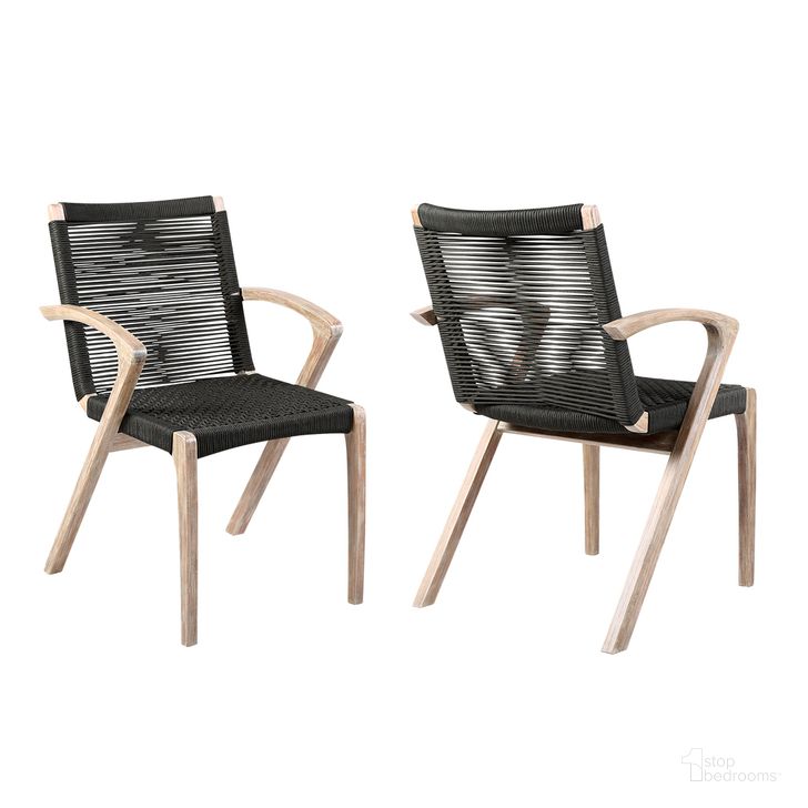 The appearance of Nabila Outdoor Light Eucalyptus Wood and Charcoal Rope Dining Chair Set of 2 designed by Armen Living in the modern / contemporary interior design. This charcoal piece of furniture  was selected by 1StopBedrooms from Nabila Collection to add a touch of cosiness and style into your home. Sku: 840254333413. Material: Wood. Product Type: Outdoor Dining Chair. Image1