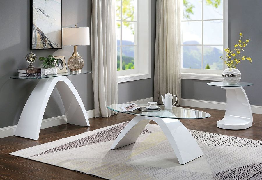 The appearance of Nahara High Gloss White Occasional Table Set designed by Furniture of America in the modern / contemporary interior design. This white piece of furniture  was selected by 1StopBedrooms from Nahara Collection to add a touch of cosiness and style into your home. Sku: FOA4042WH-C-1;FOA4042WH-C-2;FOA4042WH-E-1;FOA4042WH-E-2. Material: Glass. Product Type: Occasional Table Set. Image1