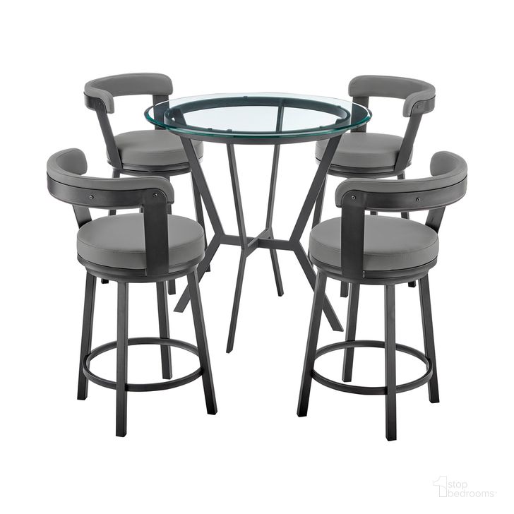 The appearance of Naomi and Bryant 5-Piece Counter Height Dining Set In Black Metal and Gray Faux Leather designed by Armen Living in the modern / contemporary interior design. This matte black piece of furniture  was selected by 1StopBedrooms from Naomi and Bryant Collection to add a touch of cosiness and style into your home. Sku: LCBYBABLGR26;LCBYBABLGR26;LCBYBABLGR26;LCBYBABLGR26;LCNMDIMBBASE;LCNMDIGLTOP. Material: Metal. Product Type: Dining Room Set. Image1