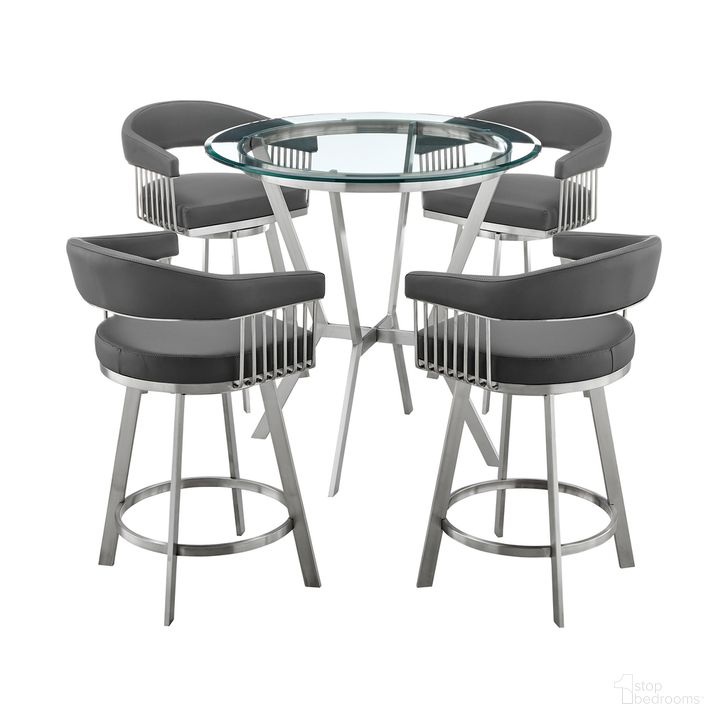 The appearance of Naomi and Chelsea 5-Piece Counter Height Dining Set In Brushed Stainless Steel and Gray Faux Leather designed by Armen Living in the modern / contemporary interior design. This stainless steel piece of furniture  was selected by 1StopBedrooms from Naomi and Chelsea Collection to add a touch of cosiness and style into your home. Sku: LCCSBABSGR26;LCCSBABSGR26;LCCSBABSGR26;LCCSBABSGR26;LCNMDIBSBASE;LCNMDIGLTOP. Product Type: Dining Room Set. Material: Stainless Steel. Image1
