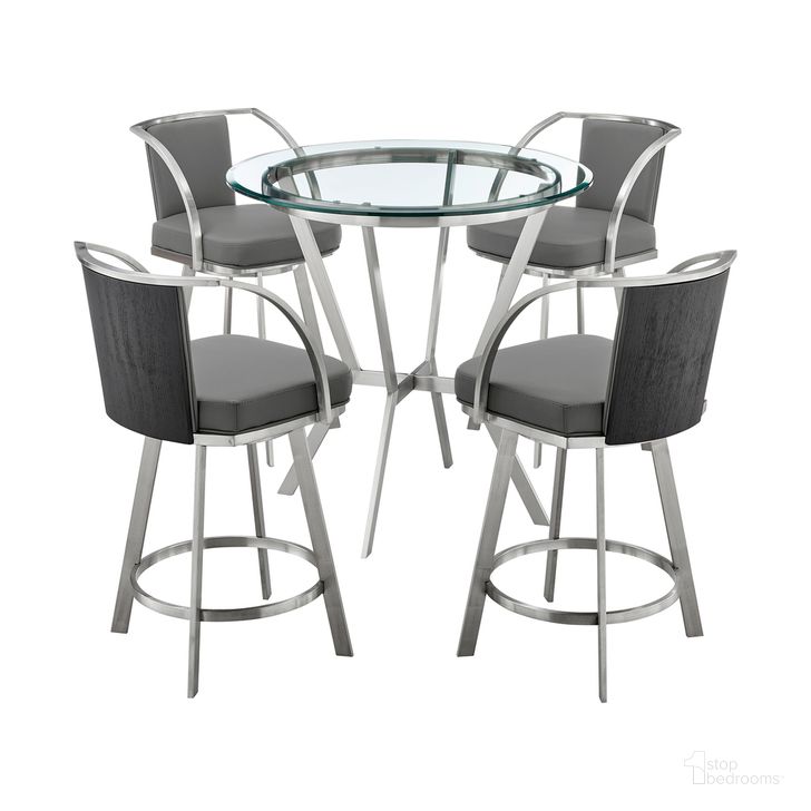 The appearance of Naomi and Livingston 5-Piece Counter Height Dining Set In Brushed Stainless Steel and Gray Faux Leather designed by Armen Living in the modern / contemporary interior design. This stainless steel piece of furniture  was selected by 1StopBedrooms from Naomi and Livingston Collection to add a touch of cosiness and style into your home. Sku: LCLVBABSGR26;LCLVBABSGR26;LCLVBABSGR26;LCLVBABSGR26;LCNMDIBSBASE;LCNMDIGLTOP. Product Type: Dining Room Set. Material: Stainless Steel. Image1