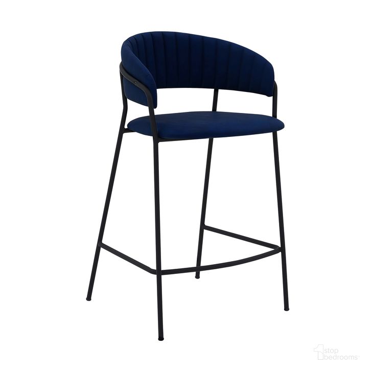 The appearance of Nara 26 Inch Blue Faux Leather and Metal Counter Height Barstool with Black Frame designed by Armen Living in the glam interior design. This blue piece of furniture  was selected by 1StopBedrooms from Nara Collection to add a touch of cosiness and style into your home. Sku: LCNRBABLBLU26. Product Type: Barstool. Material: Iron. Image1