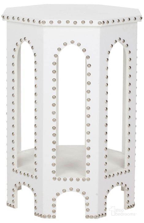 The appearance of Nara White Crocodile End Table with Silver Nailhead Detail designed by Safavieh in the traditional interior design. This white piece of furniture  was selected by 1StopBedrooms from Nara Collection to add a touch of cosiness and style into your home. Sku: FOX9501C. Product Type: Accent Table. Material: Iron. Image1