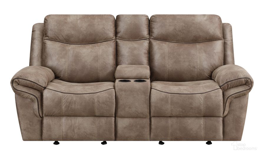 The appearance of Nashville Glider Recliner Console In Light Brown designed by Steve Silver in the transitional interior design. This light brown piece of furniture  was selected by 1StopBedrooms from Nashville Collection to add a touch of cosiness and style into your home. Sku: NH850CL. Product Type: Loveseat. Material: Plywood. Image1