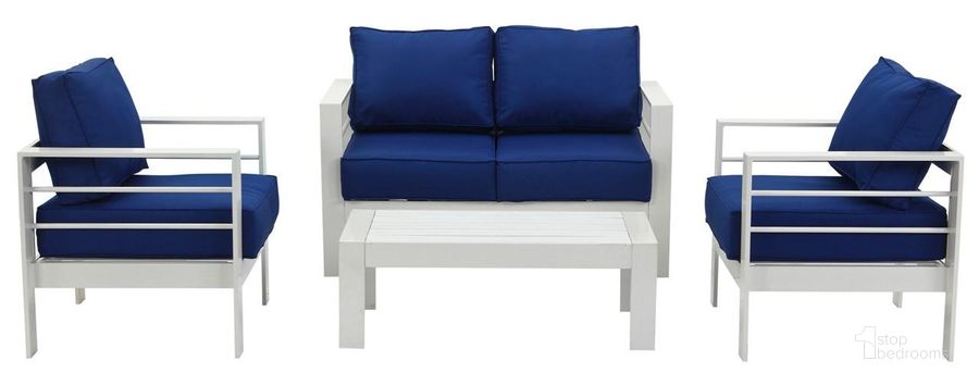 The appearance of Nason White and Navy 5-Piece Outdoor Living Set designed by Safavieh in the modern / contemporary interior design. This white and navy piece of furniture  was selected by 1StopBedrooms from Nason Collection to add a touch of cosiness and style into your home. Sku: PAT2516A. Material: Aluminium. Product Type: Outdoor Conversation Set. Image1