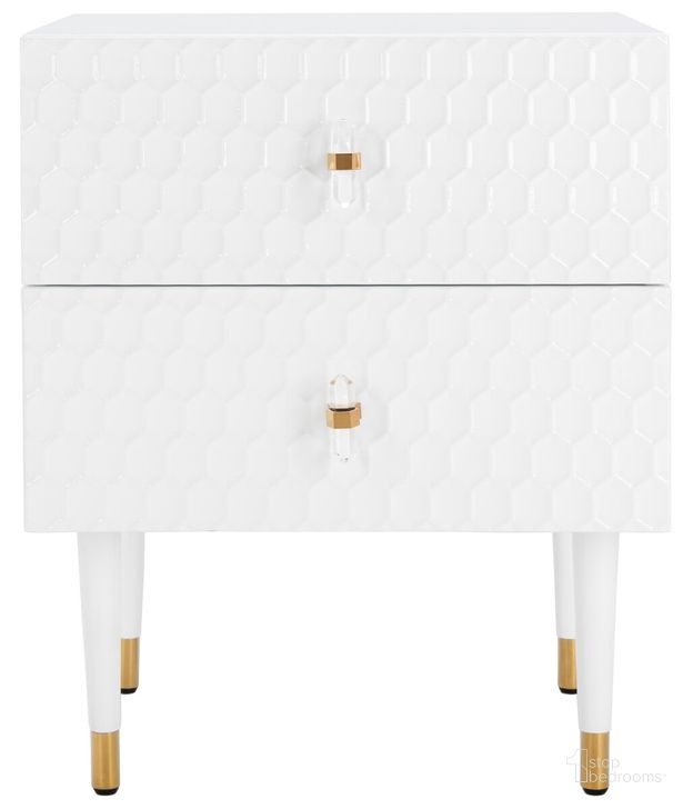 The appearance of Neptune 2 Drawer Side Table In White designed by Safavieh Couture in the modern / contemporary interior design. This white piece of furniture  was selected by 1StopBedrooms from Neptune Collection to add a touch of cosiness and style into your home. Sku: SFV3570A. Material: Wood. Product Type: Nightstand. Image1