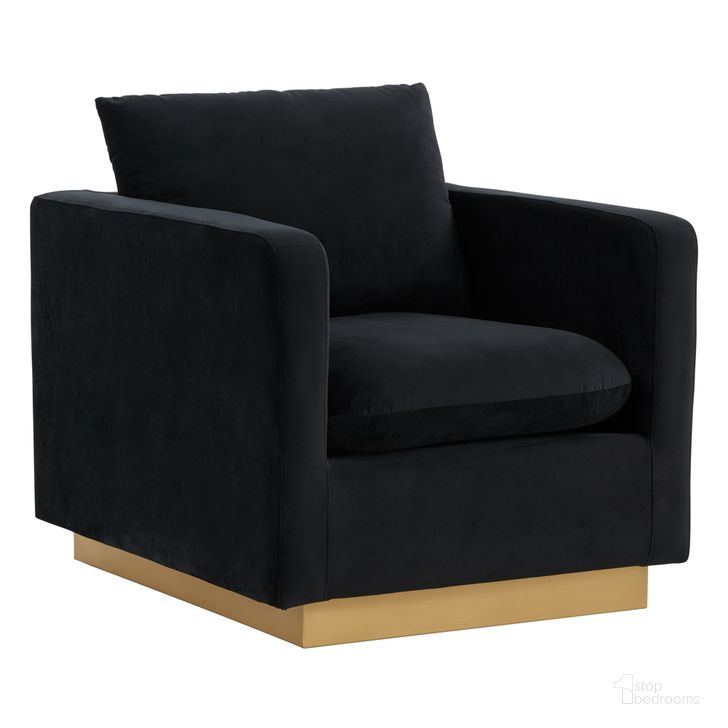 The appearance of Nervo Velvet Accent Armchair In Midnight Black designed by LeisureMod in the modern / contemporary interior design. This midnight black piece of furniture  was selected by 1StopBedrooms from Nervo Collection to add a touch of cosiness and style into your home. Sku: NS32BL. Product Type: Arm Chair. Material: Velvet. Image1