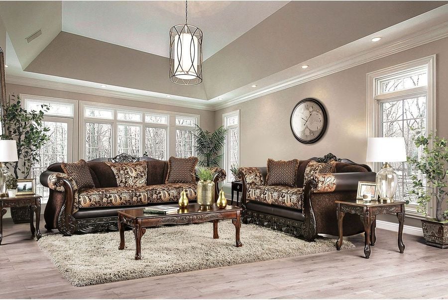 The appearance of Newdale Brown And Gold Living Room Set designed by Furniture of America in the traditional interior design. This brown piece of furniture  was selected by 1StopBedrooms from Newdale Collection to add a touch of cosiness and style into your home. Sku: SM6427-SF;SM6427-LV. Material: Wood. Product Type: Living Room Set. Image1