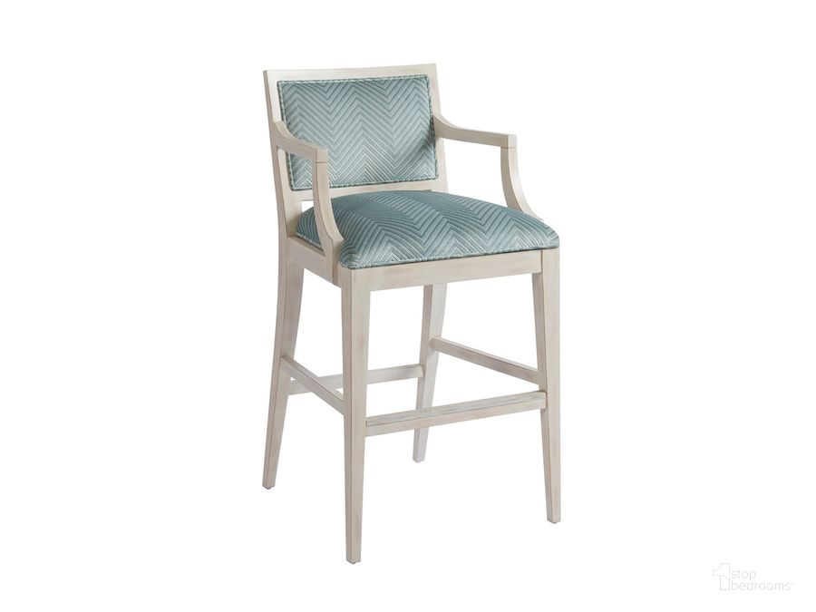 The appearance of Newport Eastbluff Upholstered Bar Stool 01-0921-896-41 designed by Barclay Butera in the traditional interior design. This teal piece of furniture  was selected by 1StopBedrooms from Newport Collection to add a touch of cosiness and style into your home. Sku: 01-0921-896-41. Material: Wood. Product Type: Barstool. Image1
