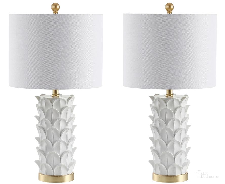 The appearance of Nico White/Gold Leaf Table Lamp Set of 2 designed by Safavieh in the modern / contemporary interior design. This white piece of furniture  was selected by 1StopBedrooms from Nico Collection to add a touch of cosiness and style into your home. Sku: TBL4116A-SET2. Product Type: Table Lamp. Image1