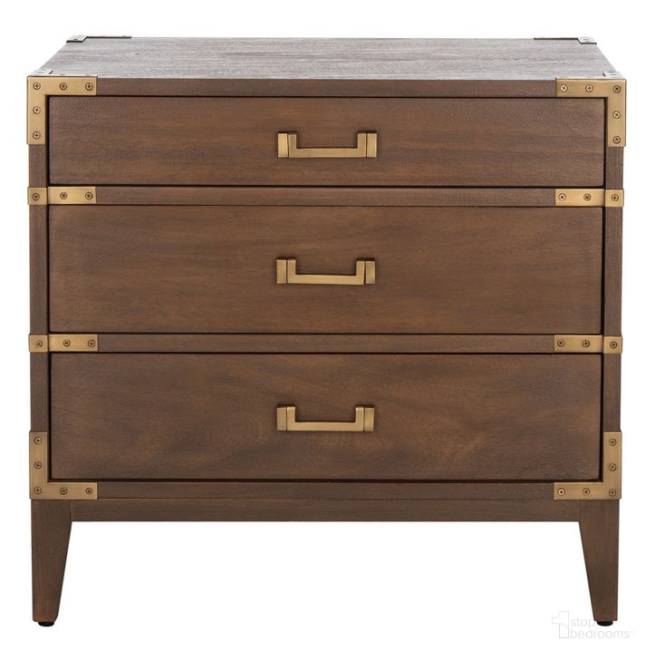 The appearance of Nisha 3 Drawer Wood Nightstand In Brown designed by Safavieh Couture in the industrial interior design. This brown piece of furniture  was selected by 1StopBedrooms from Nisha Collection to add a touch of cosiness and style into your home. Sku: SFV7708A. Material: Wood. Product Type: Nightstand. Image1