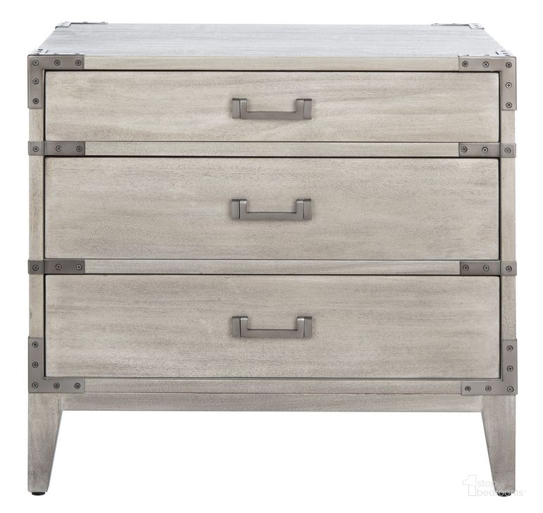 The appearance of Nisha 3 Drawer Wood Nightstand In Light Grey designed by Safavieh Couture in the industrial interior design. This light grey piece of furniture  was selected by 1StopBedrooms from Nisha Collection to add a touch of cosiness and style into your home. Sku: SFV7708C. Material: Wood. Product Type: Nightstand. Image1