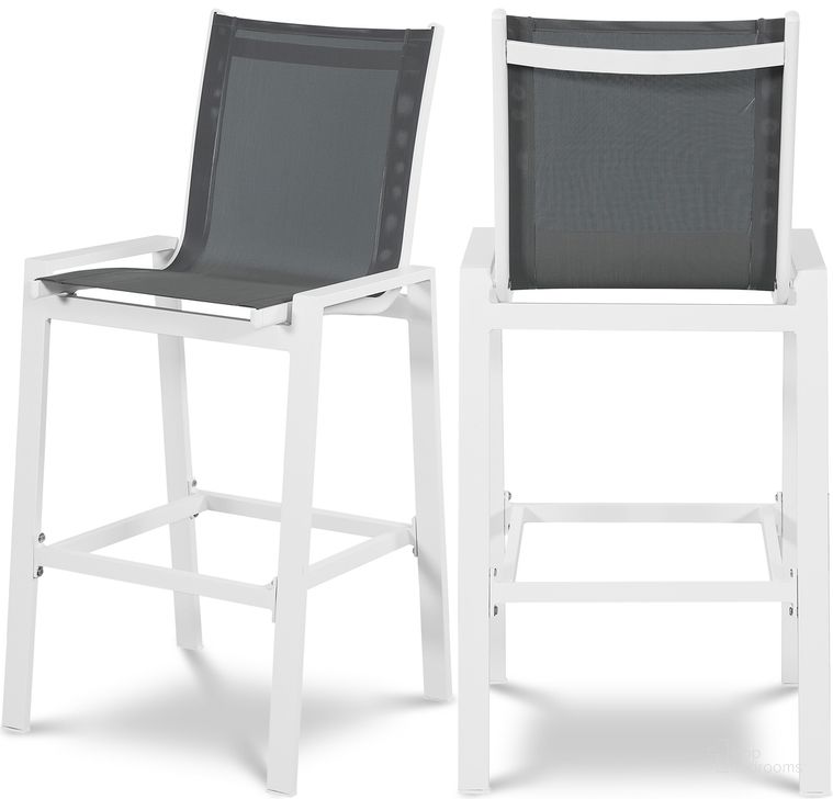 The appearance of Nizuc Mesh Water Resistant Fabric Outdoor Patio Aluminum Mesh Barstool Set of 2 In Grey designed by Meridian in the modern / contemporary interior design. This grey piece of furniture  was selected by 1StopBedrooms from Nizuc Collection to add a touch of cosiness and style into your home. Sku: 386Grey-C. Material: Aluminum. Product Type: Outdoor Bar Furniture. Image1