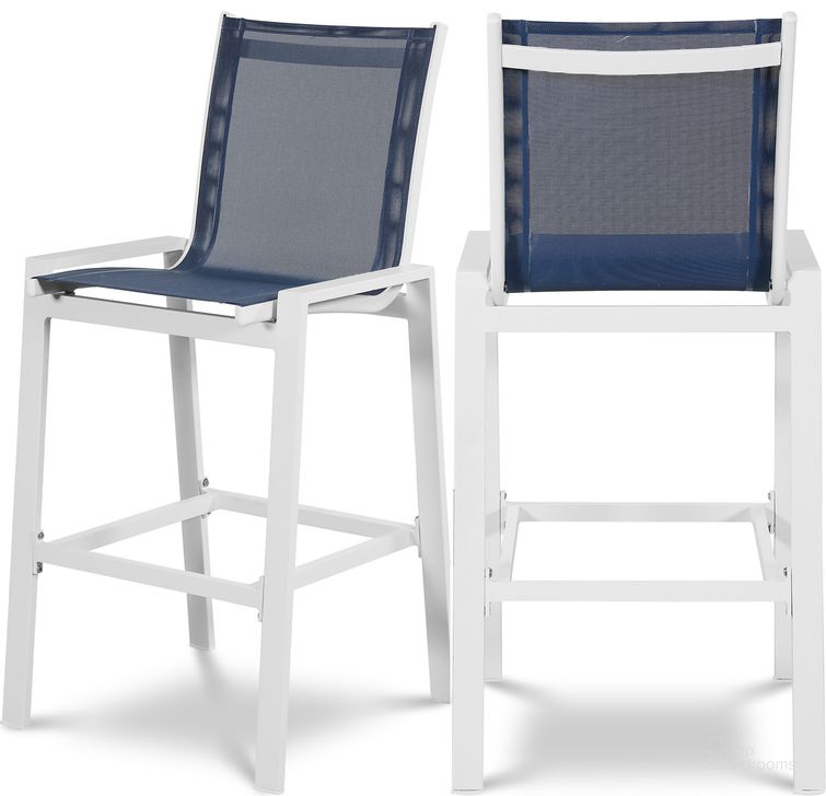 The appearance of Nizuc Mesh Water Resistant Fabric Outdoor Patio Aluminum Mesh Barstool Set of 2 In Navy designed by Meridian in the modern / contemporary interior design. This navy piece of furniture  was selected by 1StopBedrooms from Nizuc Collection to add a touch of cosiness and style into your home. Sku: 386Navy-C. Material: Aluminum. Product Type: Outdoor Bar Furniture. Image1