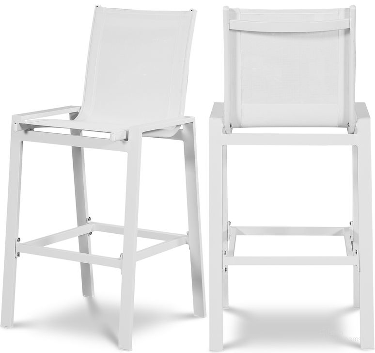 The appearance of Nizuc Mesh Water Resistant Fabric Outdoor Patio Aluminum Mesh Barstool Set of 2 In White designed by Meridian in the modern / contemporary interior design. This white piece of furniture  was selected by 1StopBedrooms from Nizuc Collection to add a touch of cosiness and style into your home. Sku: 386White-C. Material: Aluminum. Product Type: Outdoor Bar Furniture. Image1
