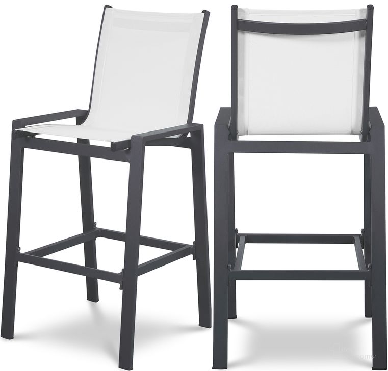 The appearance of Nizuc Mesh Water Resistant Fabric Outdoor Patio Aluminum Mesh Barstool Set of 2 In White designed by Meridian in the modern / contemporary interior design. This white piece of furniture  was selected by 1StopBedrooms from Nizuc Collection to add a touch of cosiness and style into your home. Sku: 387White-C. Material: Aluminum. Product Type: Outdoor Bar Furniture. Image1
