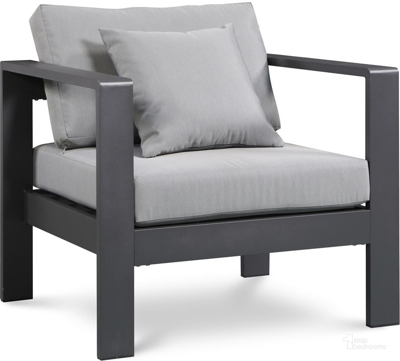 The appearance of Nizuc Water Resistant Fabric Outdoor Patio Aluminum Arm Chair In Grey designed by Meridian in the modern / contemporary interior design. This grey piece of furniture  was selected by 1StopBedrooms from Nizuc Collection to add a touch of cosiness and style into your home. Sku: 376Grey-Chair. Material: Aluminum. Product Type: Outdoor Chair. Image1