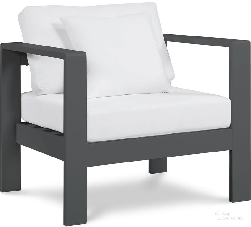 The appearance of Nizuc Water Resistant Fabric Outdoor Patio Aluminum Arm Chair In White designed by Meridian in the modern / contemporary interior design. This white piece of furniture  was selected by 1StopBedrooms from Nizuc Collection to add a touch of cosiness and style into your home. Sku: 376White-Chair. Material: Aluminum. Product Type: Outdoor Chair. Image1