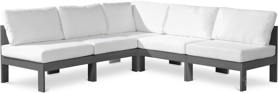 The appearance of Nizuc Water Resistant Fabric Outdoor Patio Modular Sectional In White designed by Meridian in the modern / contemporary interior design. This white piece of furniture  was selected by 1StopBedrooms from Nizuc Collection to add a touch of cosiness and style into your home. Sku: 376White-Sec5A-1;376White-Sec5A-2;376White-Sec5A-3;376White-Sec5A-4;376White-Sec5A-5. Material: Aluminum. Product Type: Outdoor Sectional. Image1