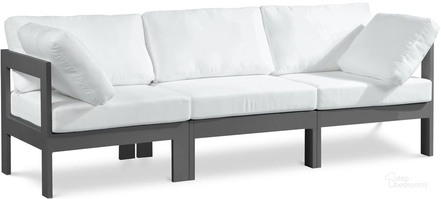 The appearance of Nizuc Water Resistant Fabric Outdoor Patio Modular Sofa In White designed by Meridian in the modern / contemporary interior design. This white piece of furniture  was selected by 1StopBedrooms from Nizuc Collection to add a touch of cosiness and style into your home. Sku: 376White-S90A-1;376White-S90A-2;376White-S90A-3. Material: Aluminum. Product Type: Outdoor Sofa. Image1