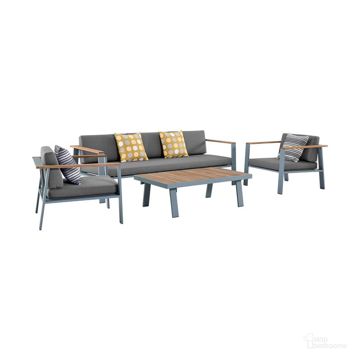 The appearance of Nofi 4-Piece Outdoor Patio Set In Gray Finish with Gray Cushions and Teak Wood designed by Armen Living in the modern / contemporary interior design. This gray piece of furniture  was selected by 1StopBedrooms from Nofi Collection to add a touch of cosiness and style into your home. Sku: SETODNOGR. Material: Wood. Product Type: Outdoor Conversation Set. Image1