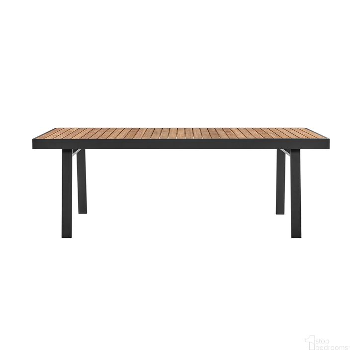 The appearance of Nofi Outdoor Patio Dining Table In Charcoal Finish with Teak Wood Top designed by Armen Living in the modern / contemporary interior design. This charcoal piece of furniture  was selected by 1StopBedrooms from Nofi Collection to add a touch of cosiness and style into your home. Sku: LCNODIGR. Table Base Style: Legs. Material: Aluminum. Table Top Shape: Rectangular. Product Type: Outdoor Dining Table. Size: 87". Image1