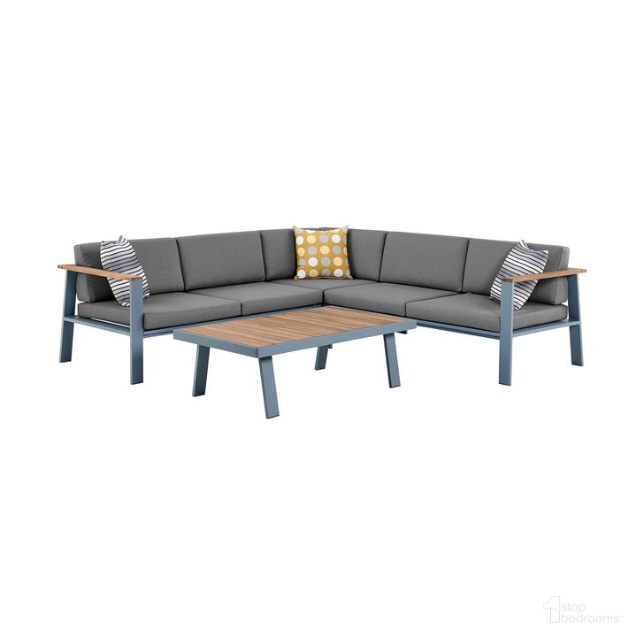 The appearance of Nofi Outdoor Patio Sectional Set In Gray Finish with Gray Cushions and Teak Wood designed by Armen Living in the modern / contemporary interior design. This gray piece of furniture  was selected by 1StopBedrooms from Nofi Collection to add a touch of cosiness and style into your home. Sku: SETODNOSEGRBOX1;SETODNOSEGRBOX2. Material: Wood. Product Type: Outdoor Set. Layout: L-Shape. Image1
