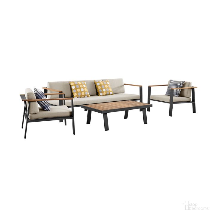 The appearance of Nofi 4-Piece Outdoor Patio Set In Charcoal Finish with Taupe Cushions and Teak Wood designed by Armen Living in the modern / contemporary interior design. This taupe piece of furniture  was selected by 1StopBedrooms from Nofi Collection to add a touch of cosiness and style into your home. Sku: SETODNOBE. Material: Wood. Product Type: Outdoor Conversation Set. Image1