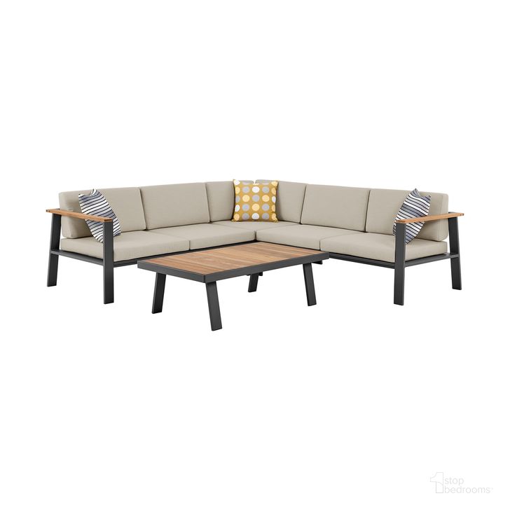 The appearance of Nofi Outdoor Patio Sectional Set In Charcoal Finish with Taupe Cushions and Teak Wood designed by Armen Living in the modern / contemporary interior design. This taupe piece of furniture  was selected by 1StopBedrooms from Nofi Collection to add a touch of cosiness and style into your home. Sku: SETODNOSEBEBOX1;SETODNOSEBEBOX2. Material: Wood. Product Type: Outdoor Set. Layout: L-Shape. Image1