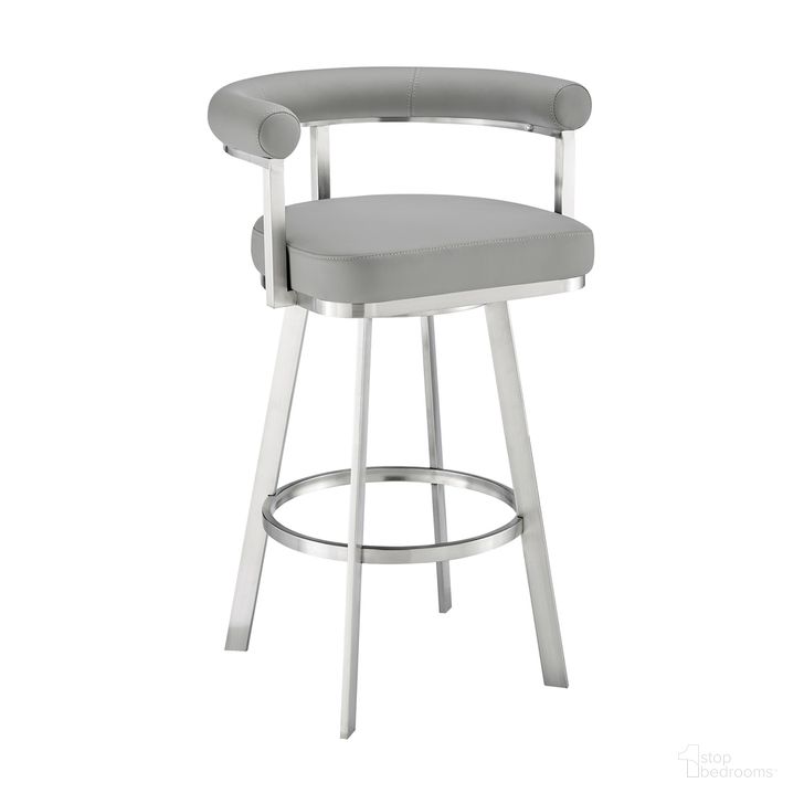 The appearance of Nolagam Swivel Bar Stool In Brushed Stainless Steel with Light Gray Faux Leather designed by Armen Living in the modern / contemporary interior design. This light gray piece of furniture  was selected by 1StopBedrooms from Nolagam Collection to add a touch of cosiness and style into your home. Sku: 840254335677. Product Type: Barstool. Material: Stainless Steel. Image1