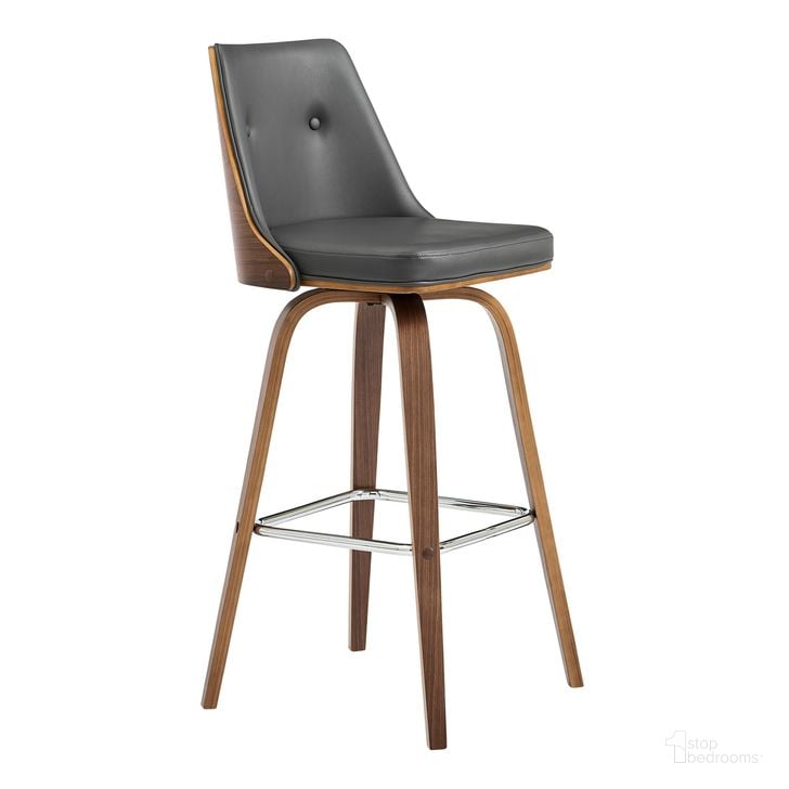 The appearance of Nolte 30 Inch Swivel Bar Stool In Gray Faux Leather and Walnut Wood designed by Armen Living in the modern / contemporary interior design. This gray piece of furniture  was selected by 1StopBedrooms from Nolte Collection to add a touch of cosiness and style into your home. Sku: LCNLBAWAGR30. Material: Wood. Product Type: Barstool. Image1
