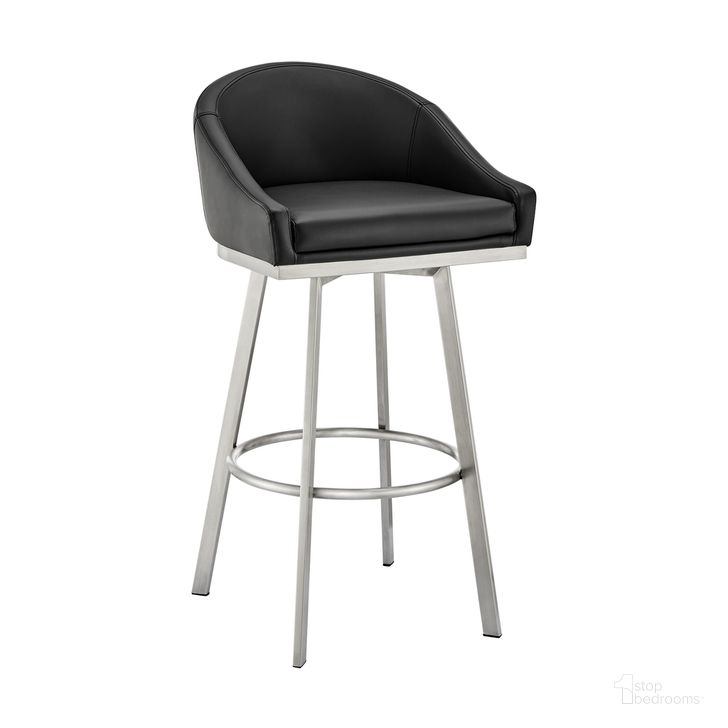 The appearance of Noran Swivel Bar Stool In Brushed Stainless Steel with Black Faux Leather designed by Armen Living in the modern / contemporary interior design. This black piece of furniture  was selected by 1StopBedrooms from Noran Collection to add a touch of cosiness and style into your home. Sku: 840254335707. Material: Faux Leather. Product Type: Barstool. Image1