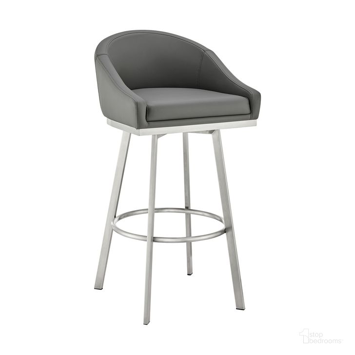 The appearance of Noran Swivel Bar Stool In Brushed Stainless Steel with Gray Faux Leather designed by Armen Living in the modern / contemporary interior design. This gray piece of furniture  was selected by 1StopBedrooms from Noran Collection to add a touch of cosiness and style into your home. Sku: 840254335714. Material: Faux Leather. Product Type: Barstool. Image1