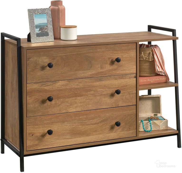 The appearance of North Avenue Dresser In Sindoori Mango designed by Sauder in the transitional interior design. This sindoori mango piece of furniture  was selected by 1StopBedrooms from North Avenue Collection to add a touch of cosiness and style into your home. Sku: 428205. Product Type: Dresser. Material: Engineered Wood. Image1
