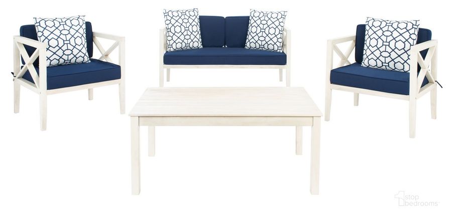 The appearance of Nunzio 4 Pc Outdoor Set with Accent Pillows in White and Navy PAT7031J designed by Safavieh in the modern / contemporary interior design. This white and navy piece of furniture  was selected by 1StopBedrooms from Nunzio Collection to add a touch of cosiness and style into your home. Sku: PAT7031J. Material: Wood. Product Type: Outdoor Set. Image1